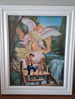 "Guardian Angel On The Bridge" Glass White Framed Print Art Work Michael's